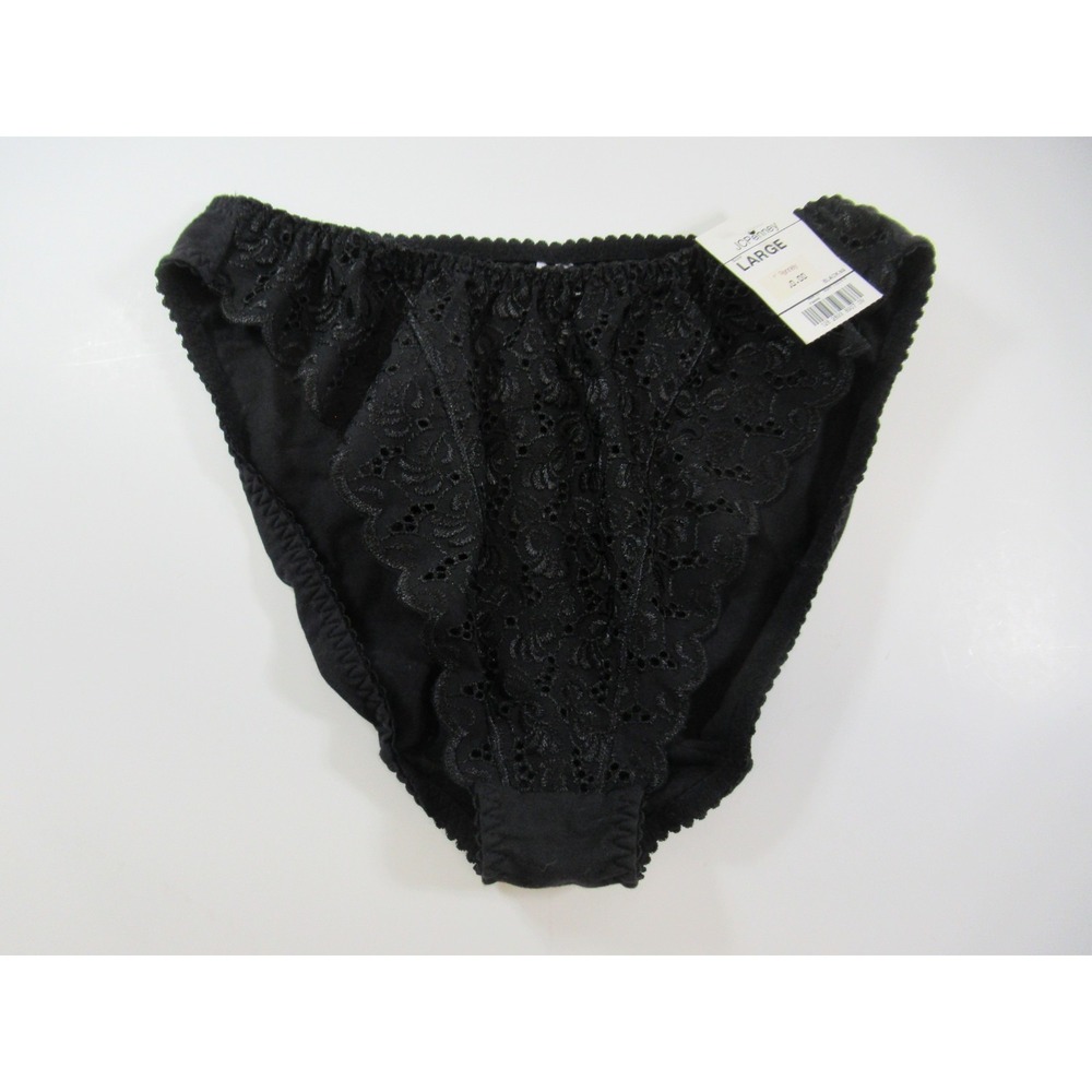 Vintage 90s Y2K Delicates Embroidered Eyelet Hi Cut Panties Large Black